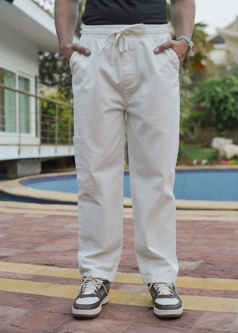 White relaxed jog jeans men loose fit drawstring waist casual streetwear outdoor look