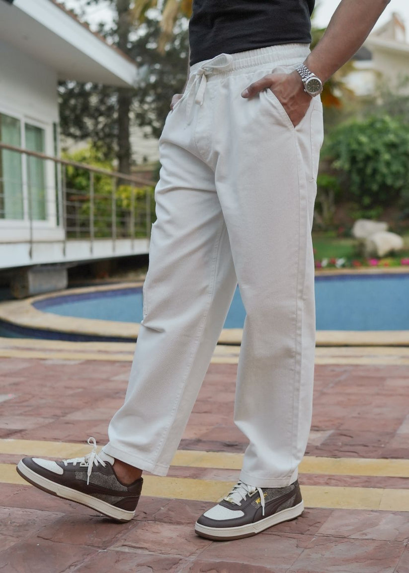 White relaxed jog jeans men loose fit drawstring waist casual streetwear outdoor look