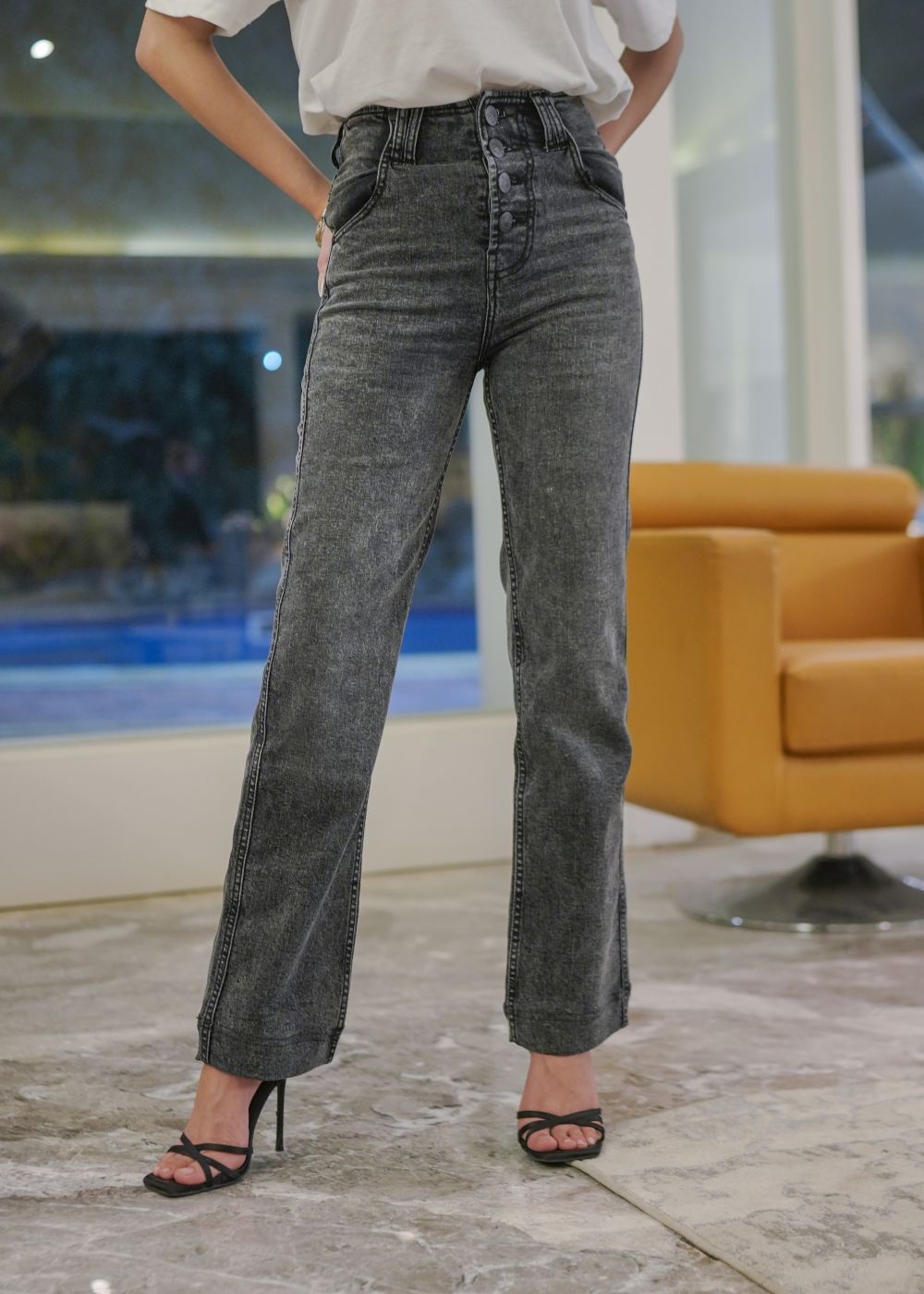 Grey Wide Leg Button Jeans