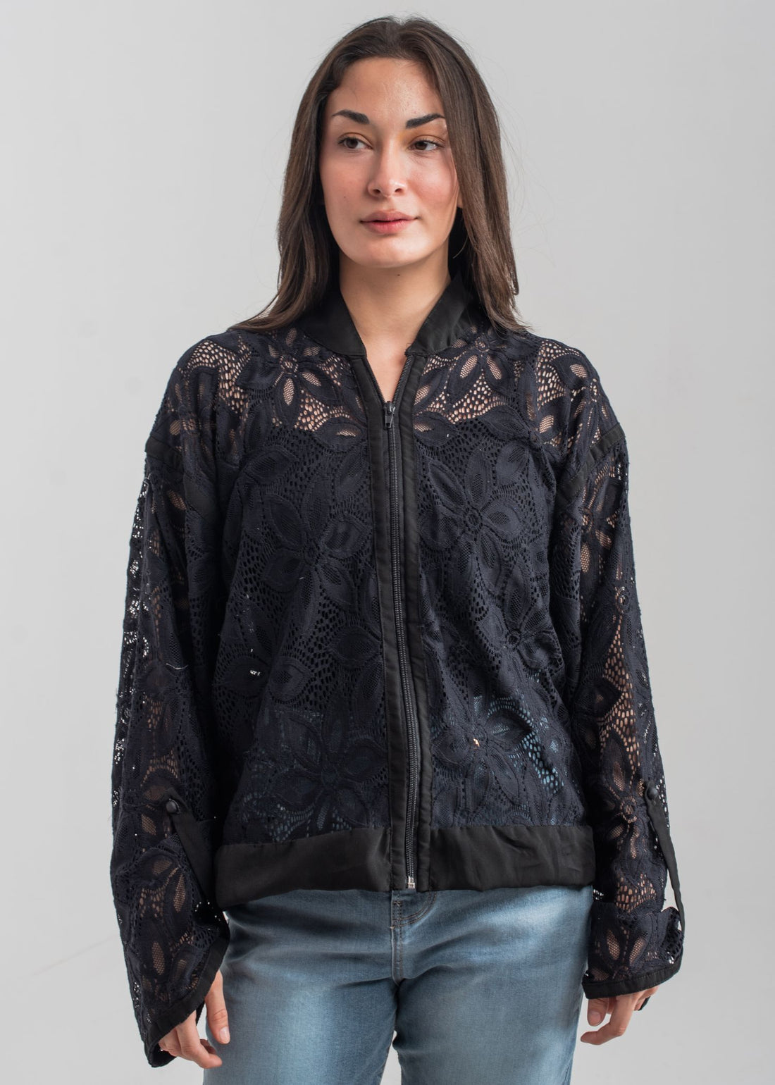 Black Zip Up Lace Blouse 