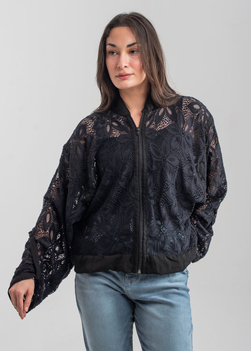 Black Zip Up Lace Blouse 
