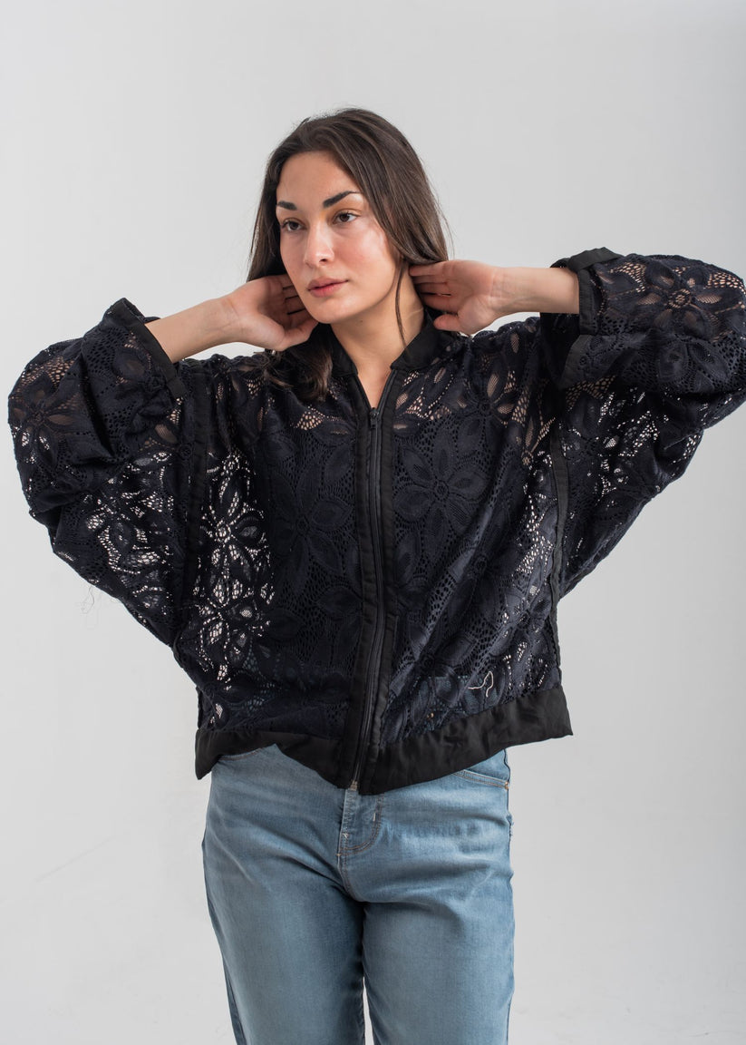 Black Zip Up Lace Blouse 