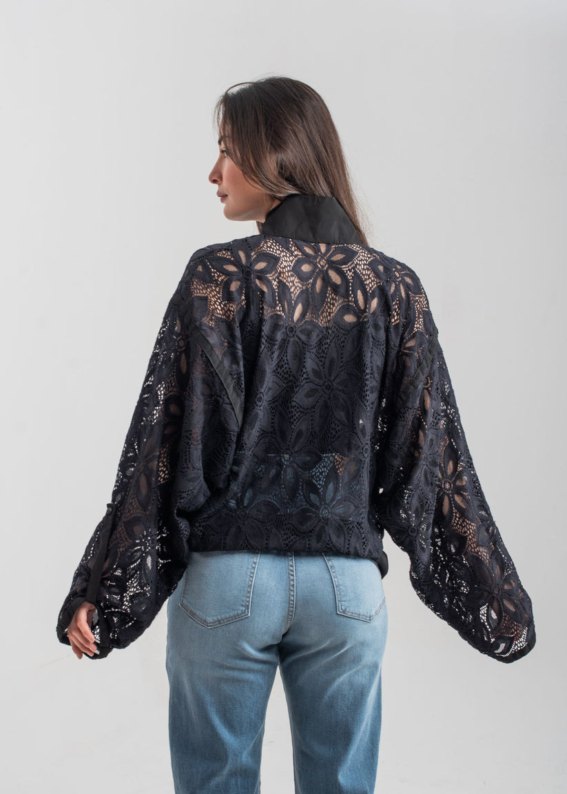 Black Zip Up Lace Blouse 