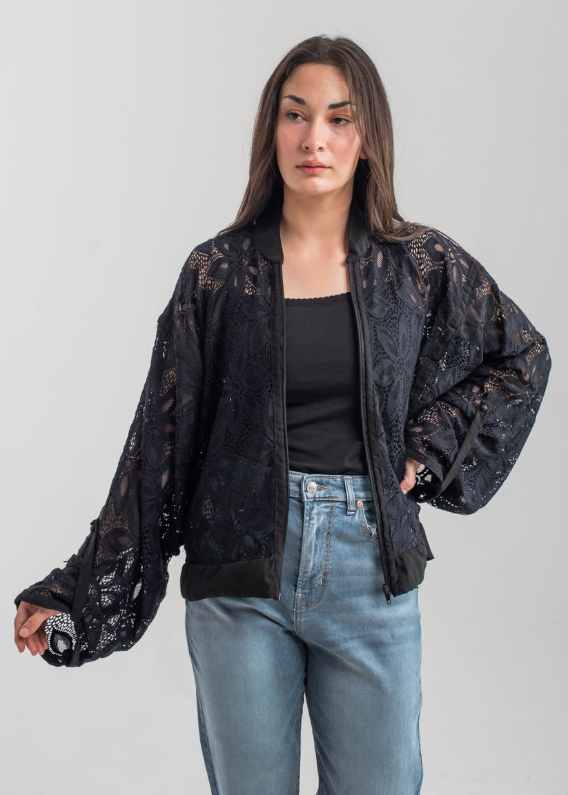 Black Zip Up Lace Blouse 