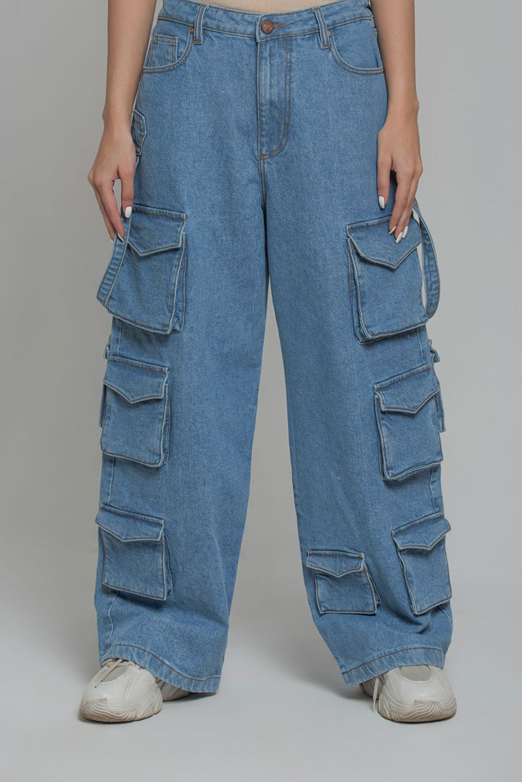 Blue Multi Pocket Cargo Jeans-Women