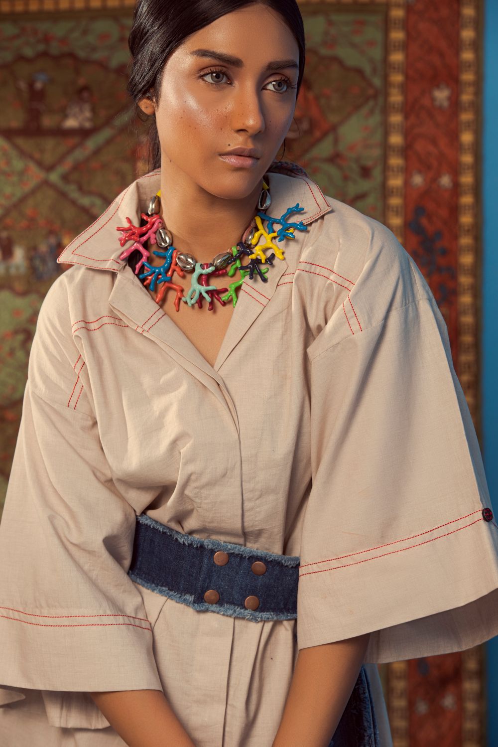 Caramel long tunic with Crimson Anchor