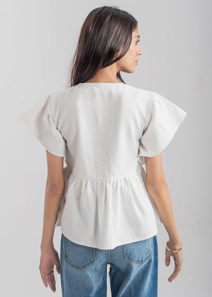 Denim Peplum Top - White