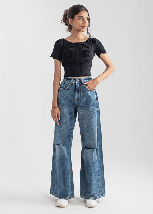 High Rise Stretchable Knee-cut Jeans with Flare (RIPPED APART )