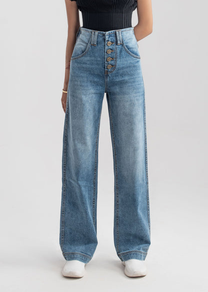 Wide Leg button jeans (Mid Blue)