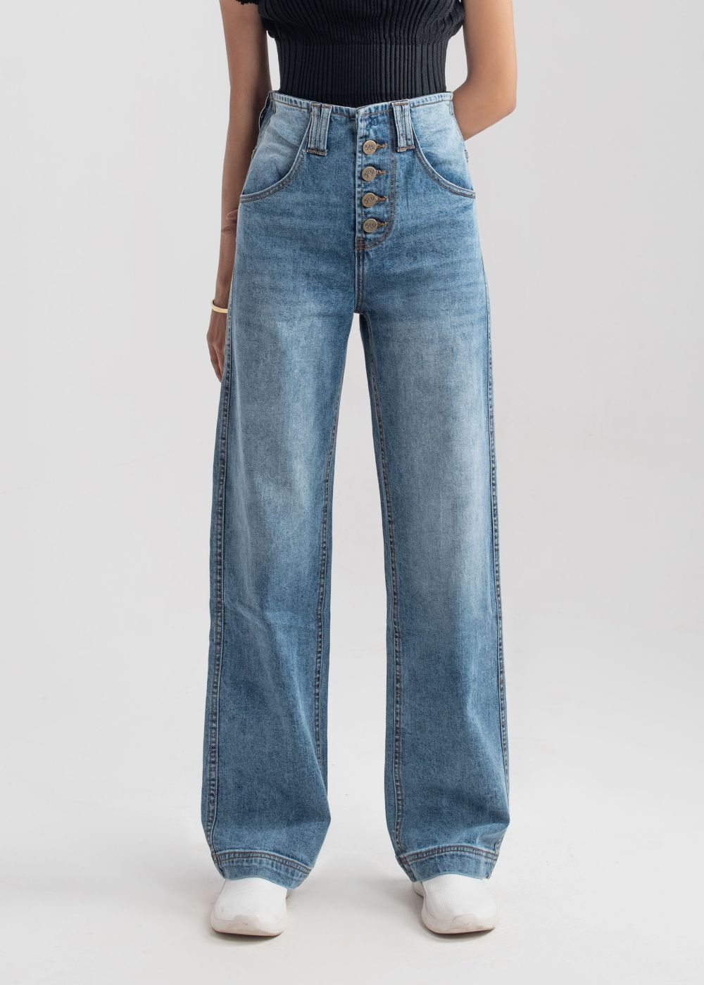 Mid Blue Wide Leg button jeans