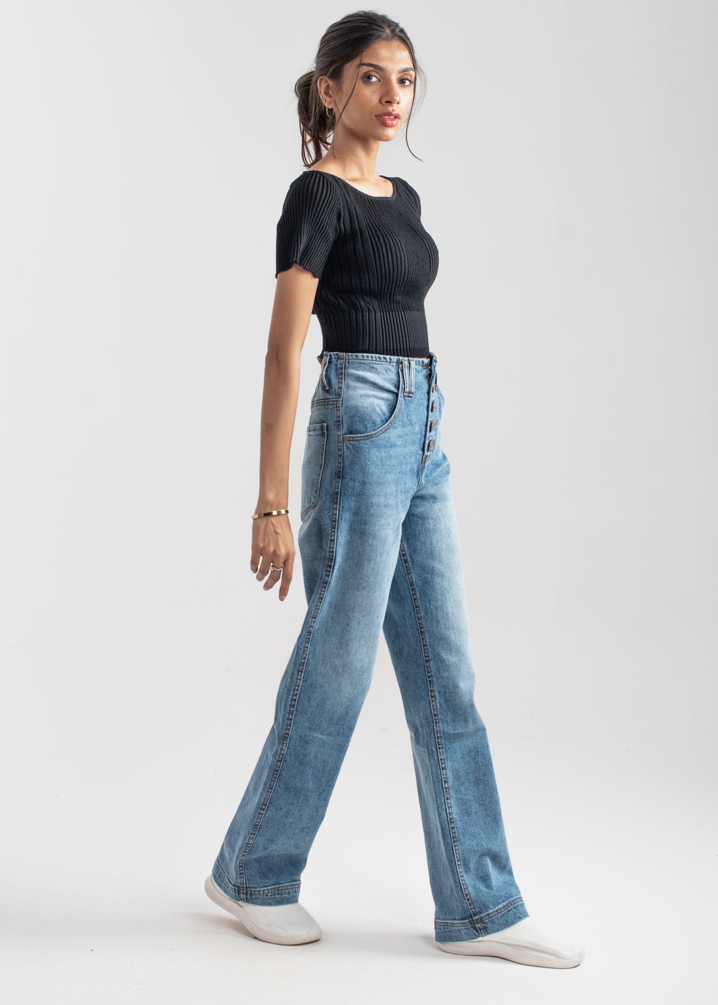 Wide Leg button jeans (Mid Blue)