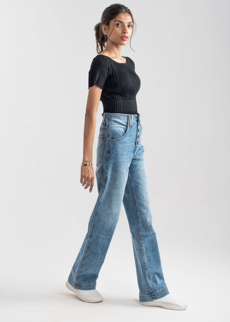 Mid Blue Wide Leg button jeans