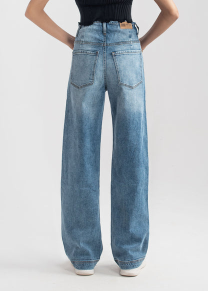 Wide Leg button jeans (Mid Blue)