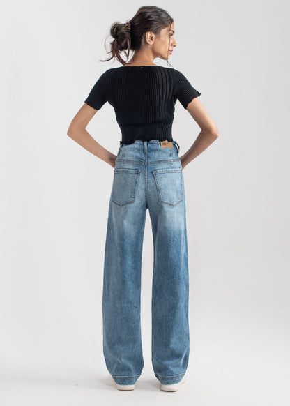 Wide Leg button jeans (Mid Blue)