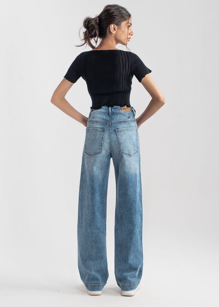 Mid Blue Wide Leg button jeans