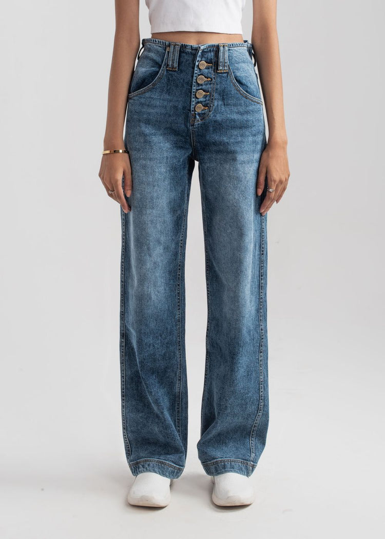 Dark Blue Wide Leg button jeans