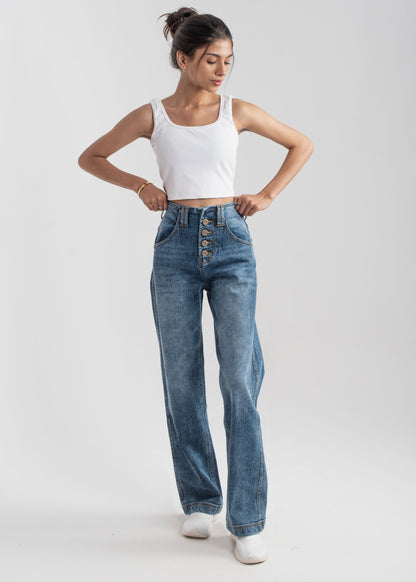 Wide Leg button jeans (Dark Blue)