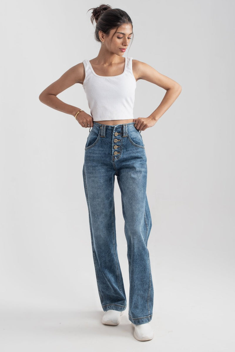Dark Blue Wide Leg button jeans