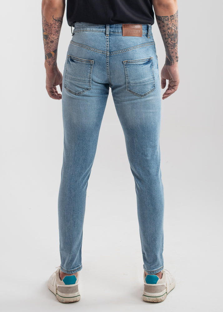 Men’s light blue skinny fit jeans with stretch denim and tapered leg design
