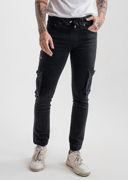 Black Cargo Denim Joggers