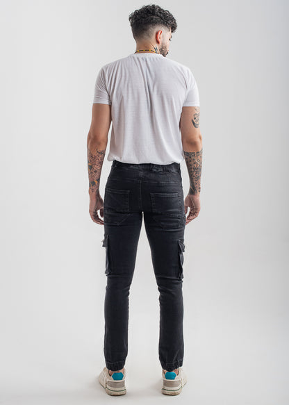 Black Cargo Denim Joggers