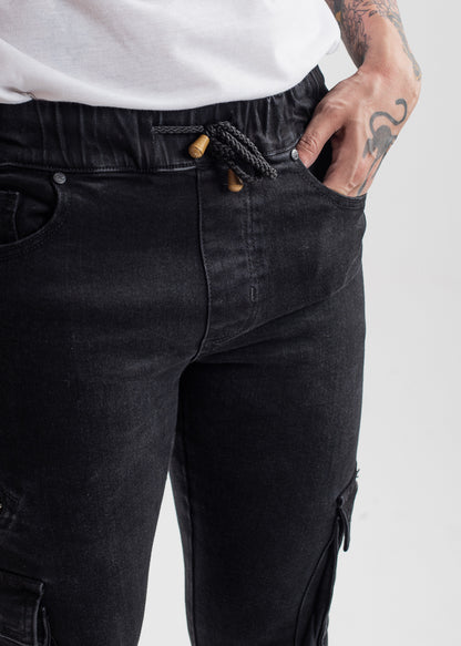 Black Cargo Denim Joggers