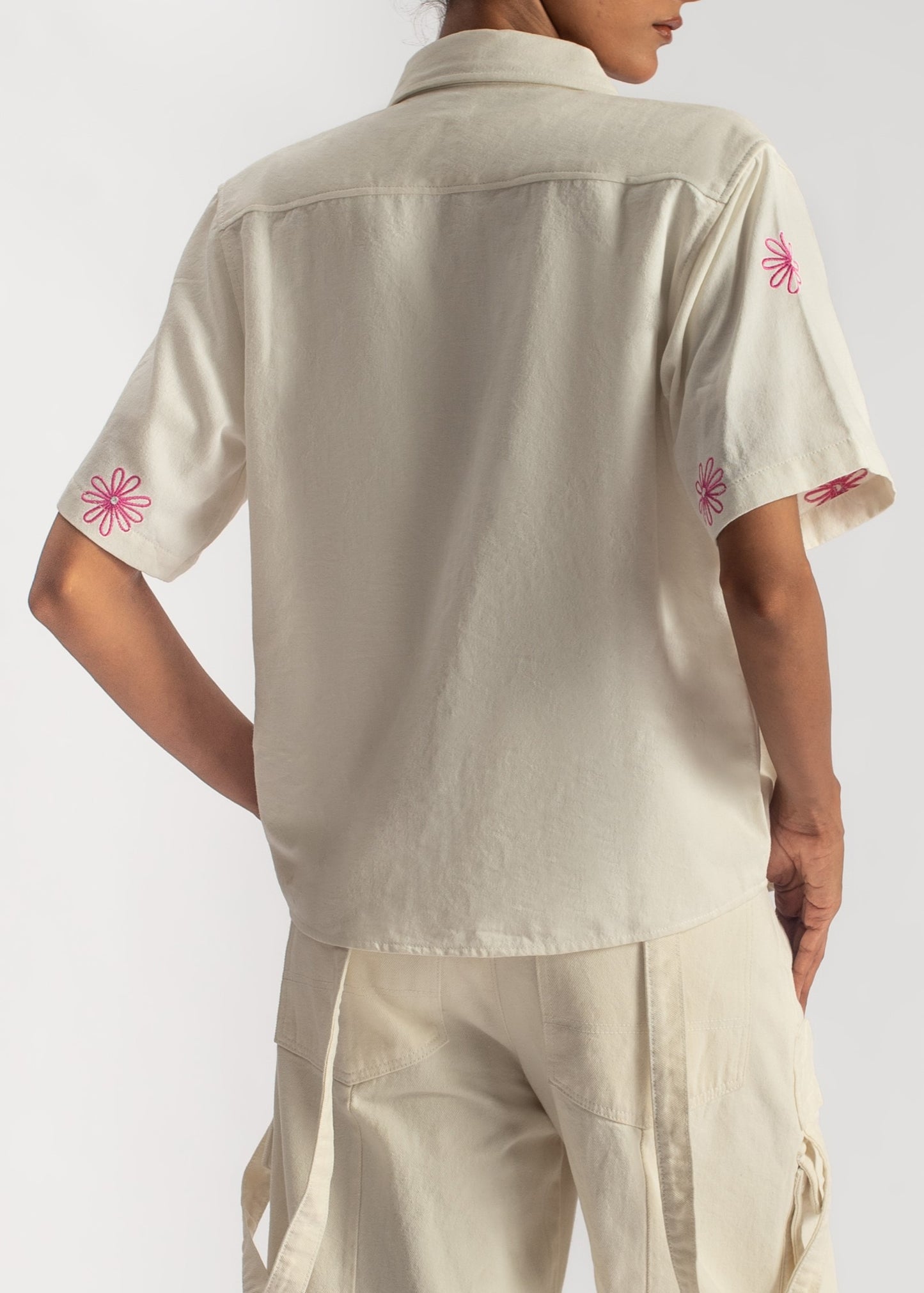 White Embroidered Boxy Shirt-Pink