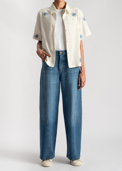 White Embroidered Boxy Shirt-Blue