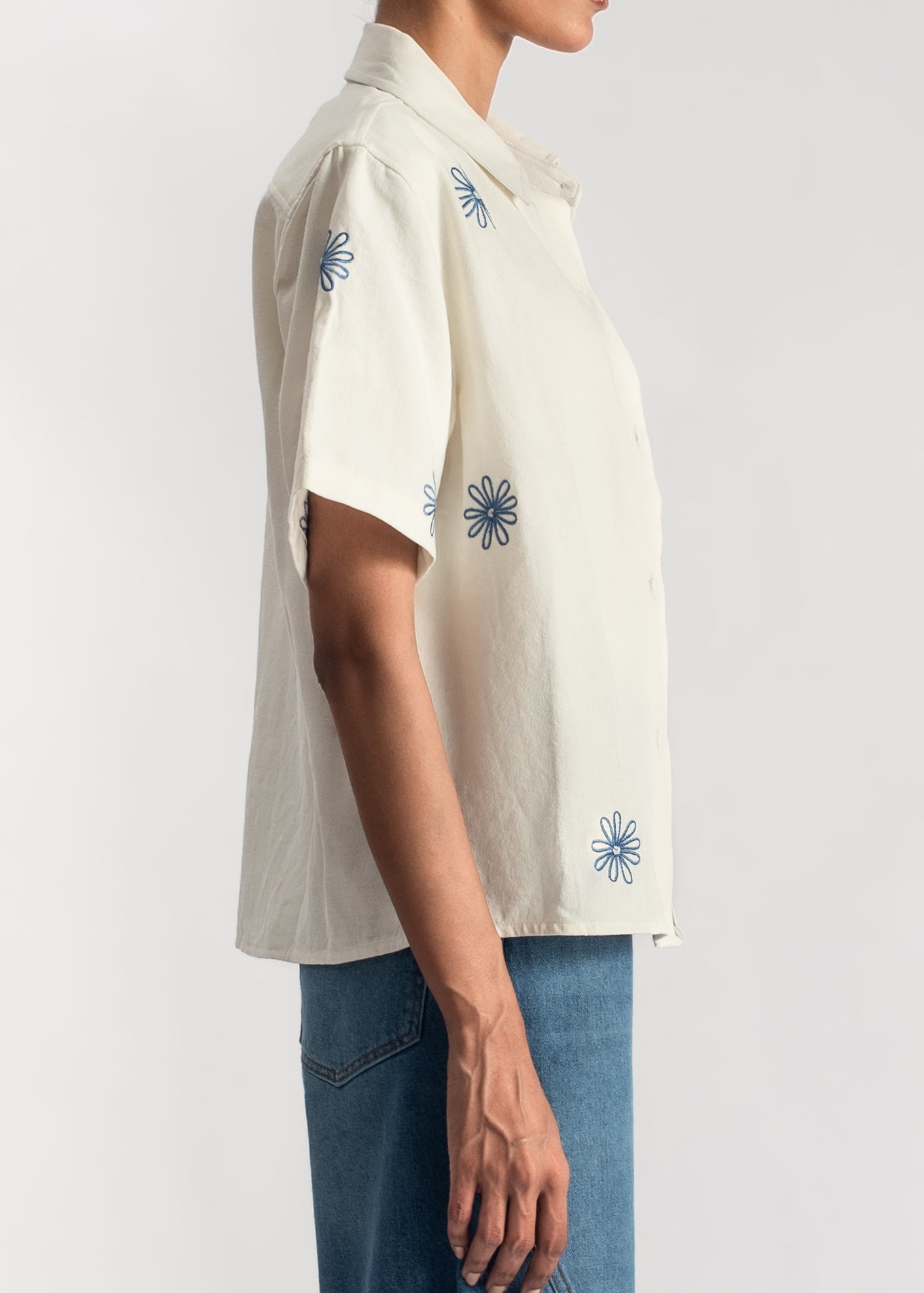 White Embroidered Boxy Shirt-Blue