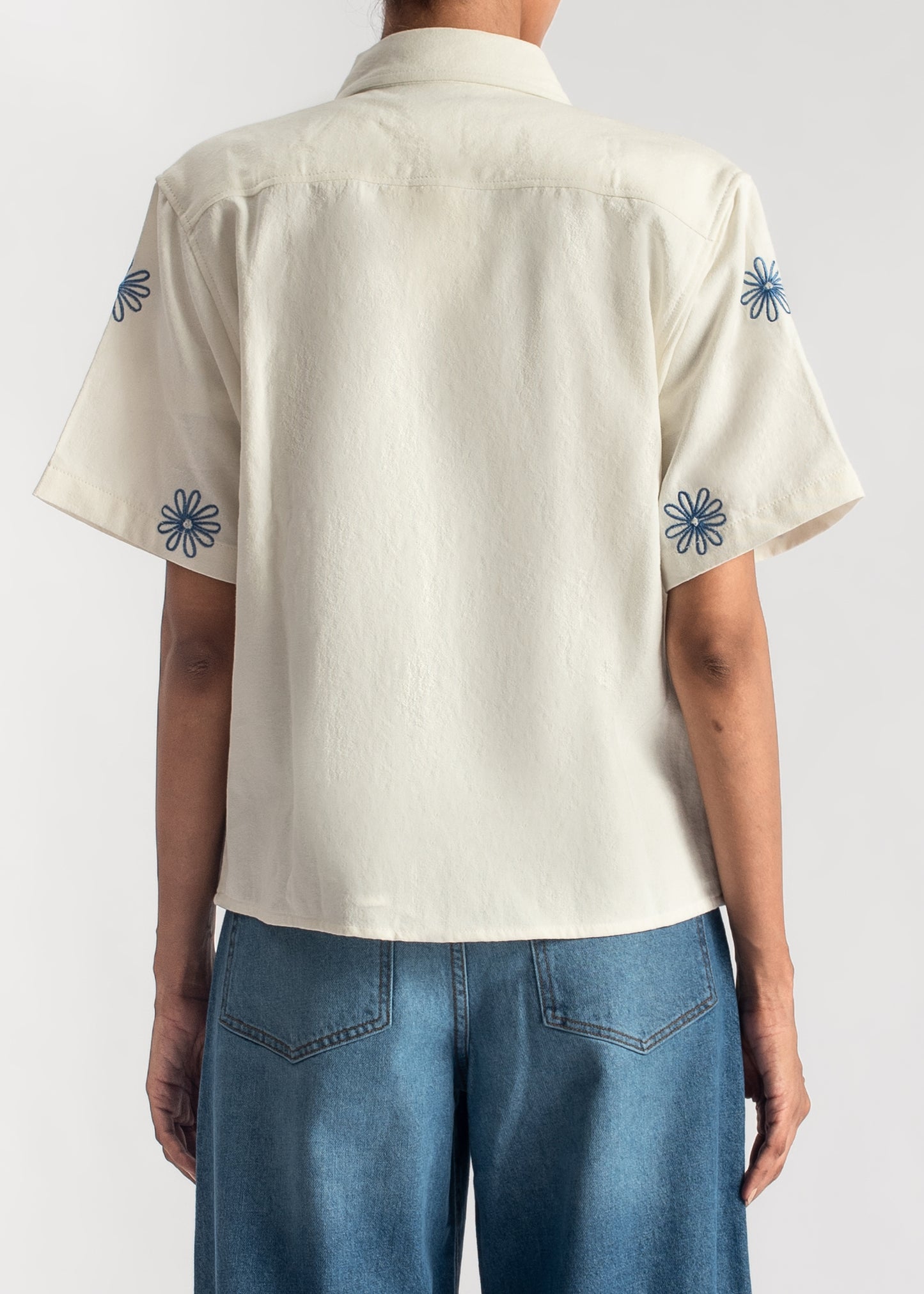 White Embroidered Boxy Shirt-Blue