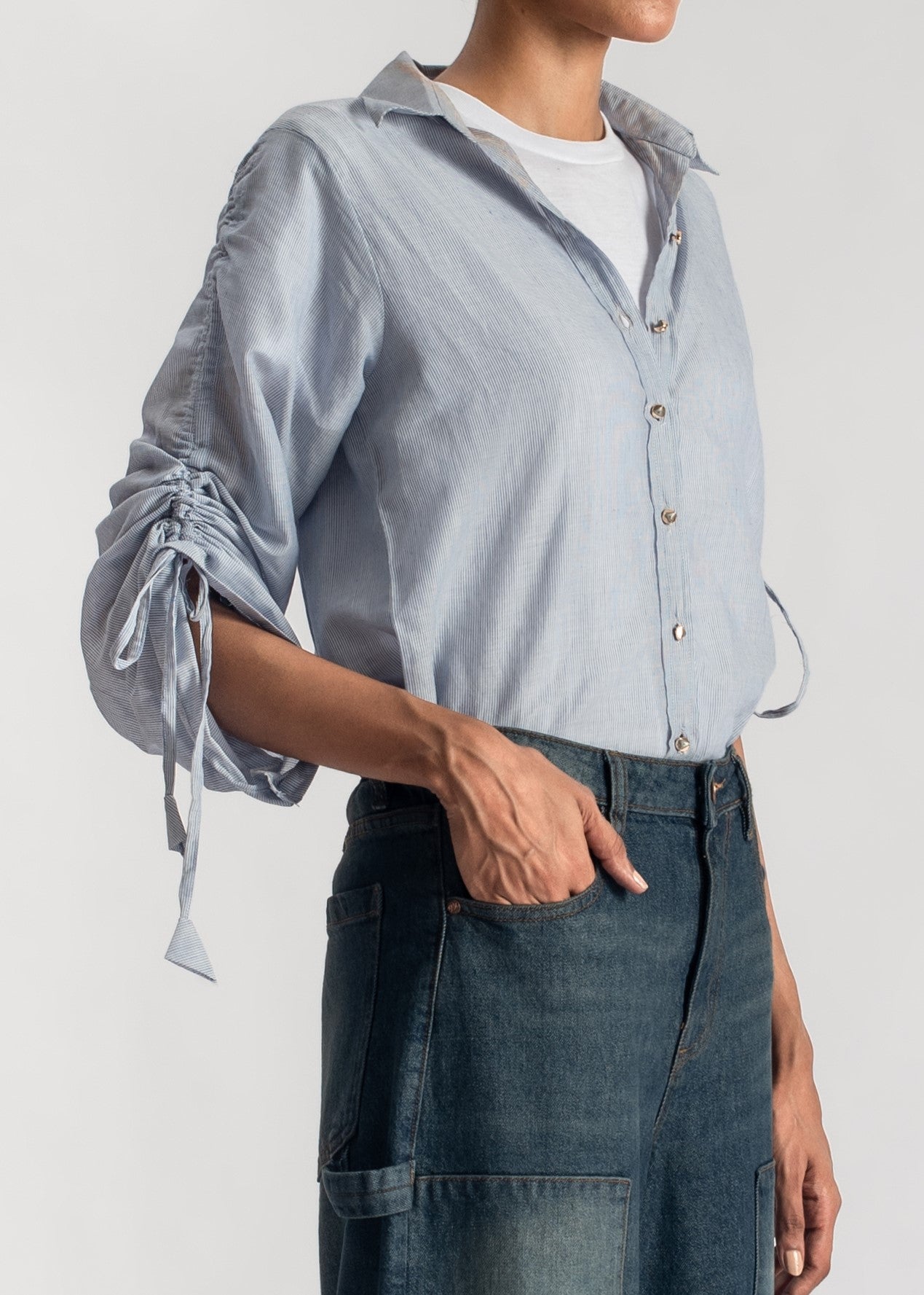 Blue Button Down Shirt with Stringed Sleeves