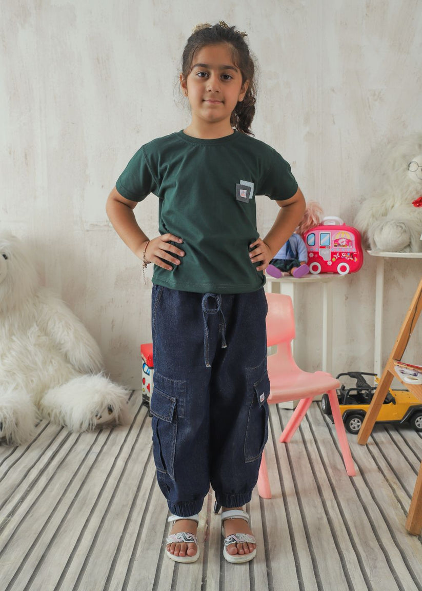 Girl's Cargo Jeans in Dark Blue