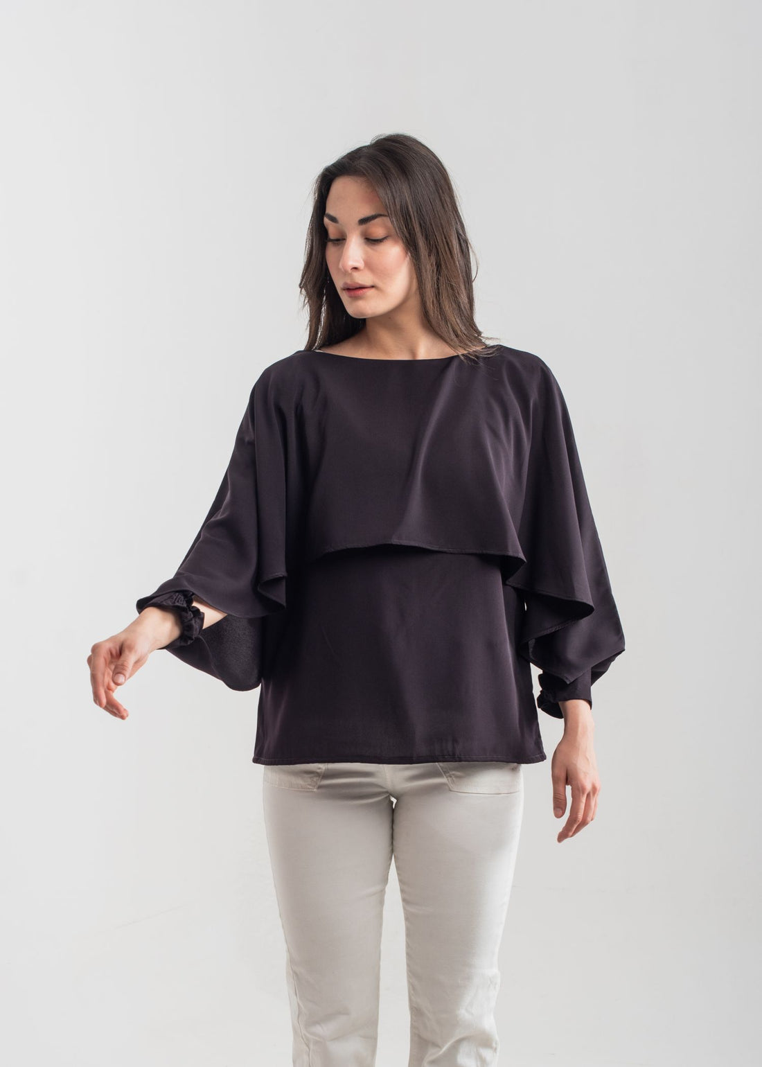 Women's Wing Top in deep purple featuring a layered, long-sleeved top with a round neckline