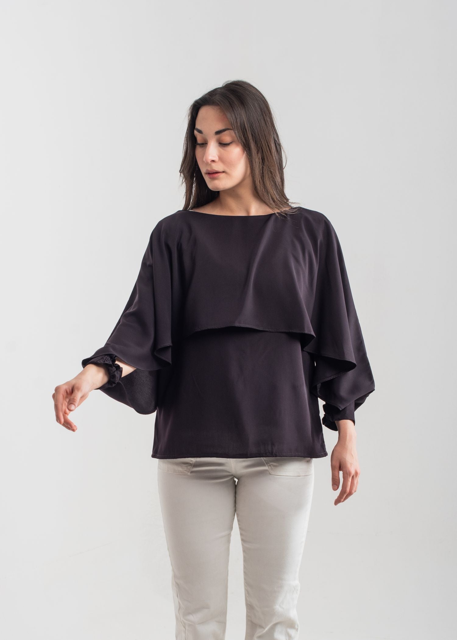 Women's Wing Top in deep purple featuring a layered, long-sleeved top with a round neckline