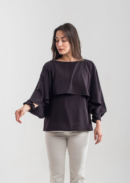 Women's Wing Top in deep purple featuring a layered, long-sleeved top with a round neckline