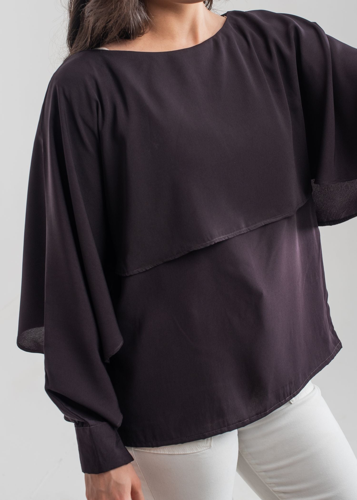 Women's Wing Top in deep purple featuring a layered, long-sleeved top with a round neckline