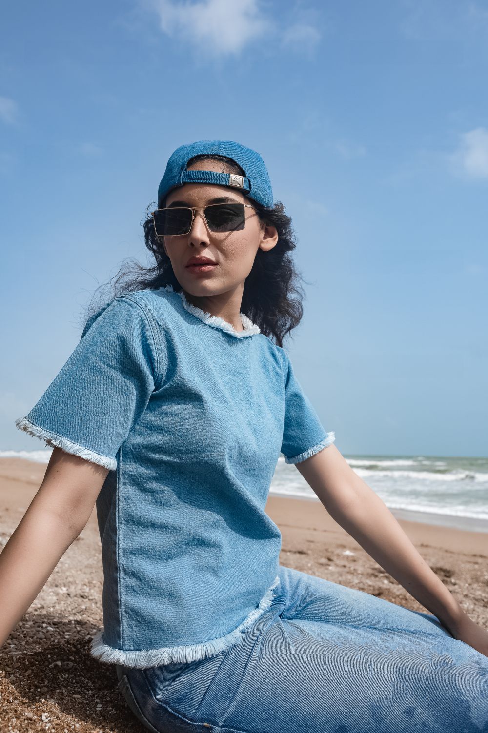 Denim Crew Neck Shirt with Half Sleeves and a Zip Fasted at the Back
