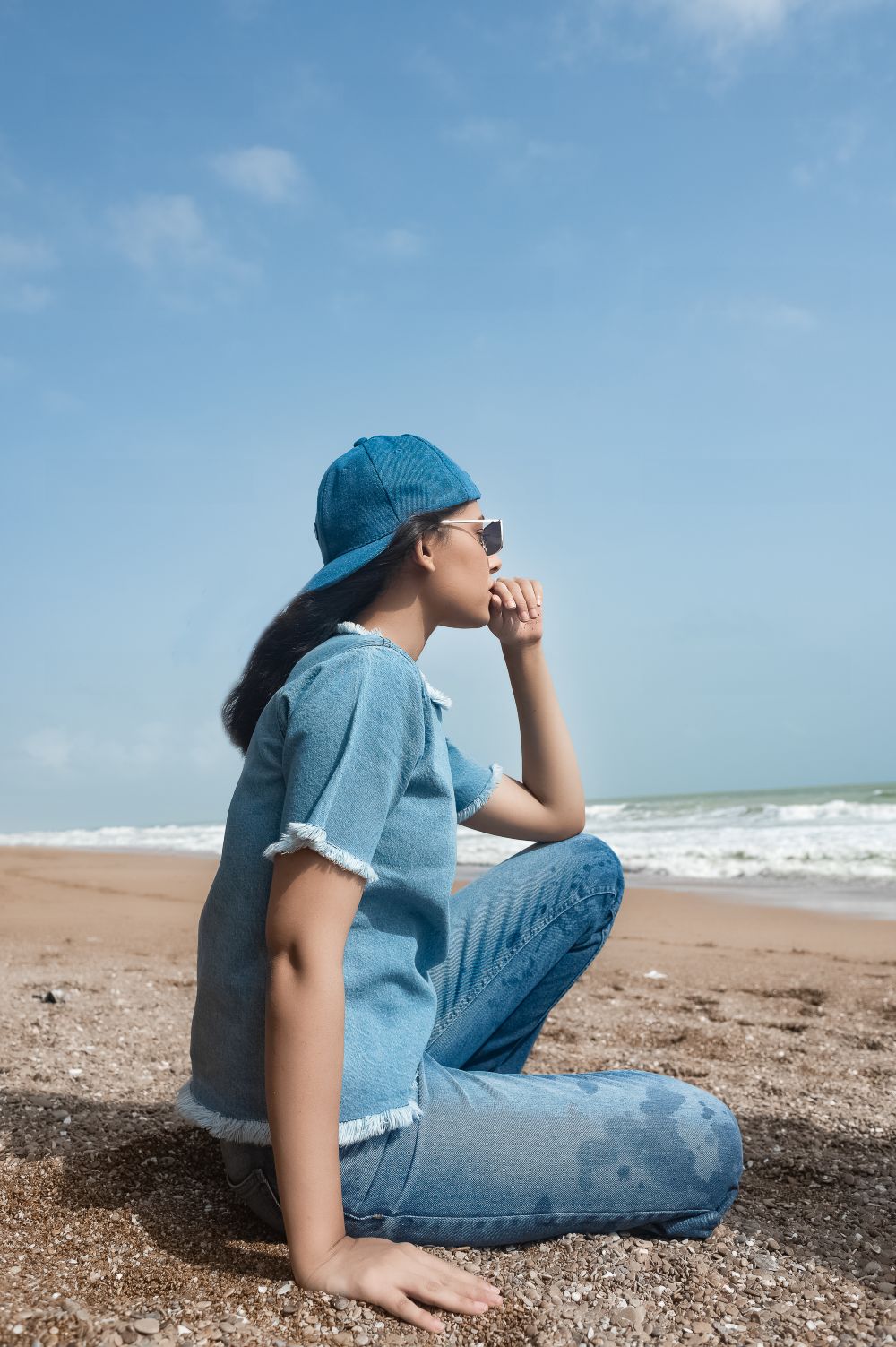 Denim Crew Neck Shirt with Half Sleeves and a Zip Fasted at the Back