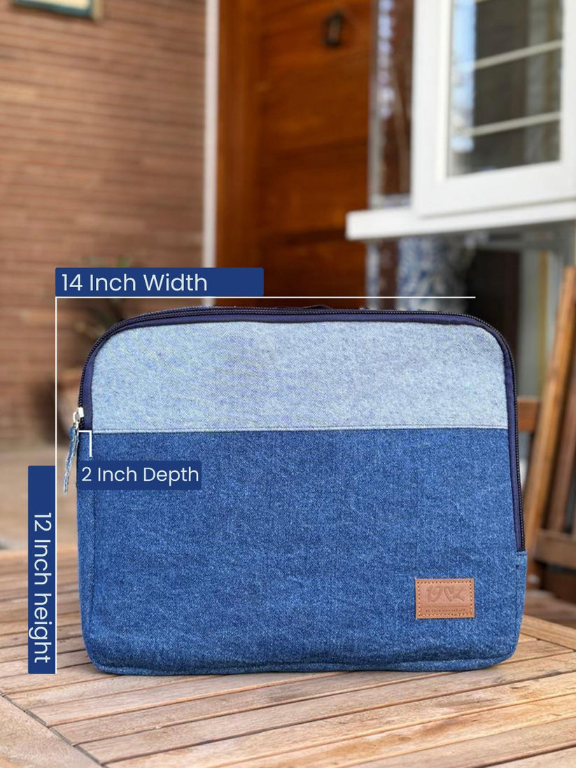 Denim Laptop Sleeve made with lining and inner pouches for safe and secure storage by 1947 Clothing