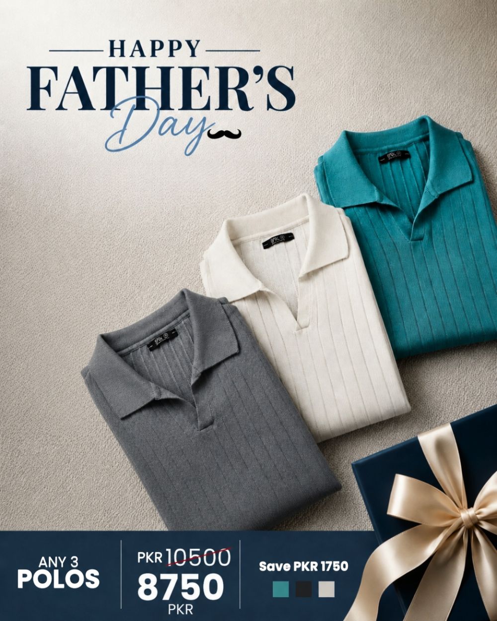 Three polos in gray, white, and blue featuring Father's Day sale