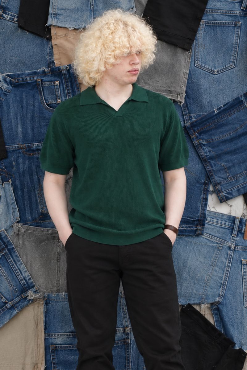 Front View of Emerald Green Knitted Polo Shirt for Men 