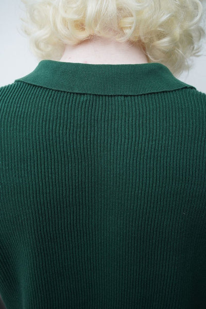 Close-up Back View of Dark Green Ribbed Knit Polo Shirt for Men