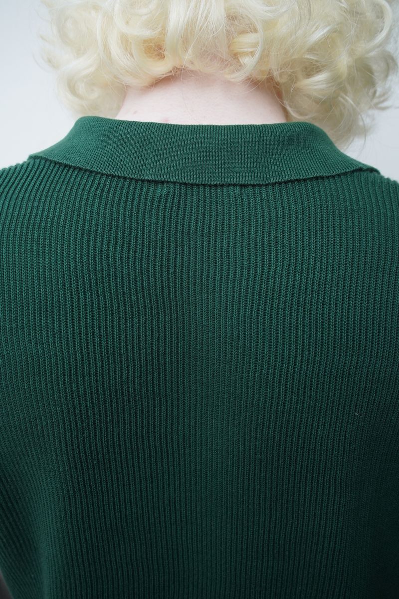 Close-up Back View of Dark Green Ribbed Knit Polo Shirt for Men