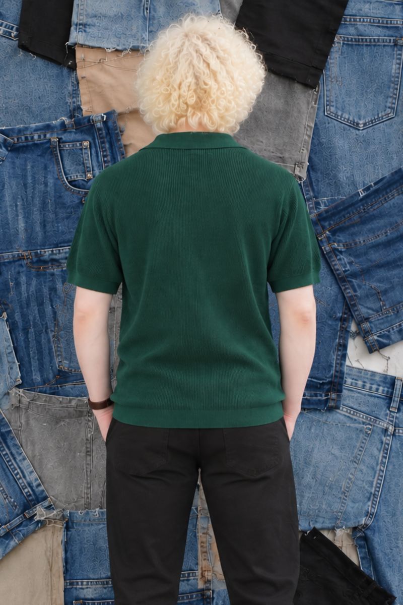 Back View of Dark Green Short-Sleeve Polo Shirt for Men