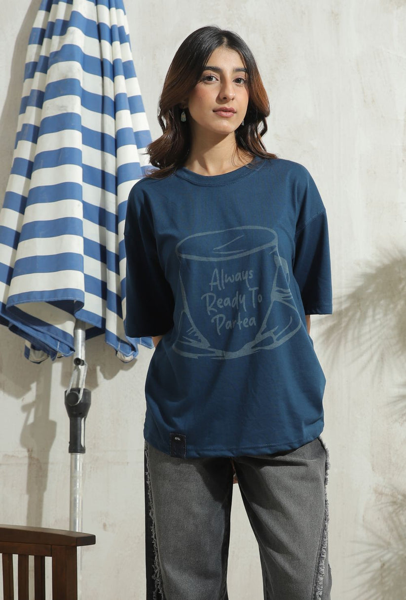 Women's Graphic Drop Shoulder Tshirt in Blue