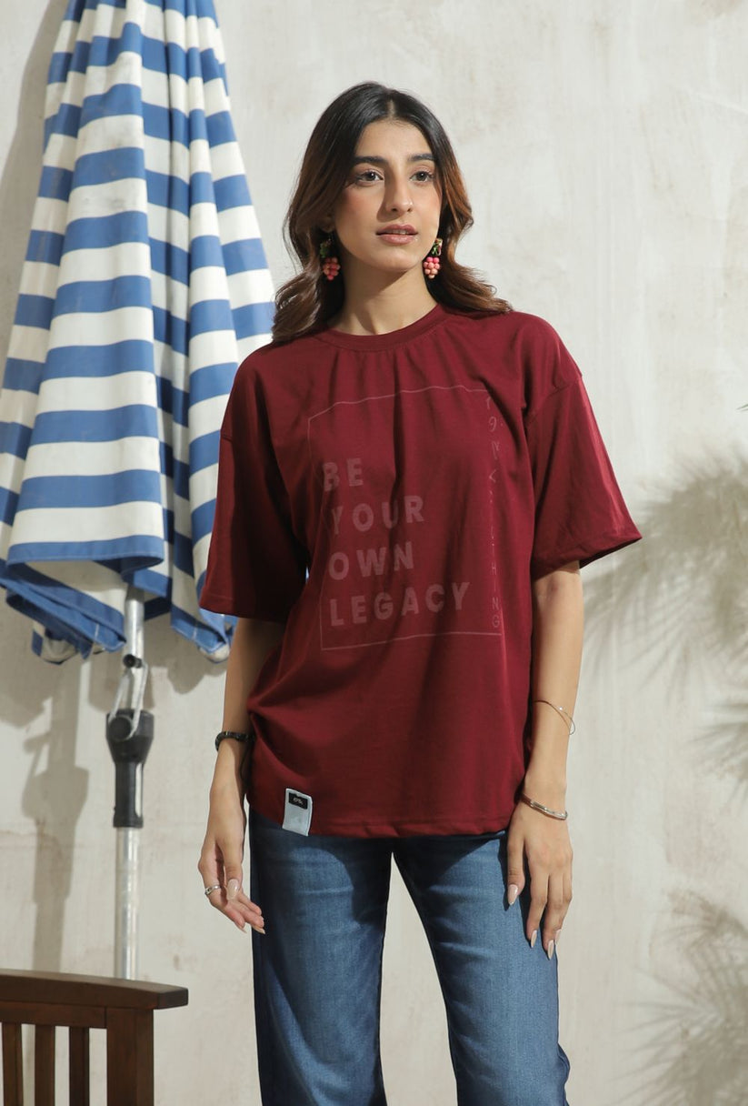 Women's Graphic Drop Shoulder Tshirt in Maroon