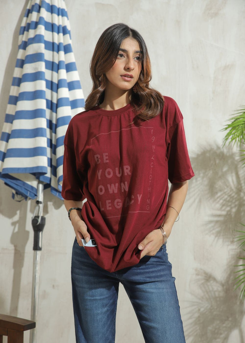 Women's Graphic Drop Shoulder Tshirt in Maroon