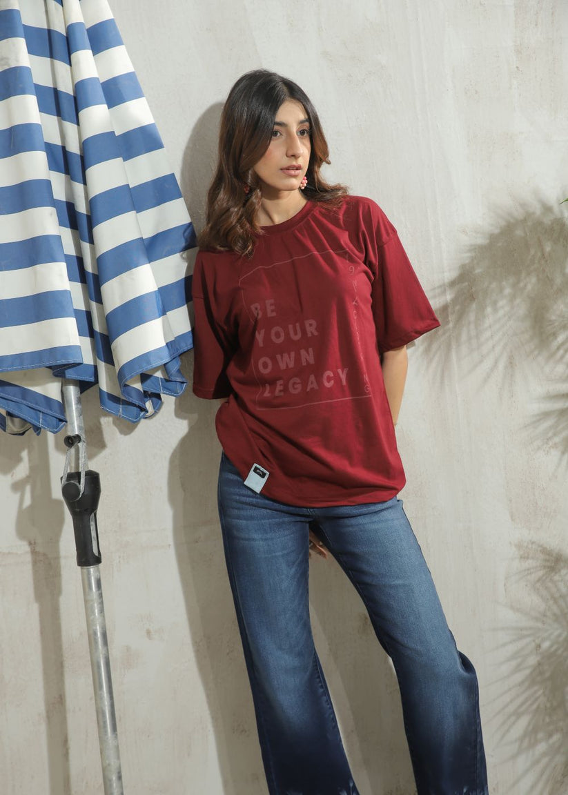 Women's Graphic Drop Shoulder Tshirt in Maroon