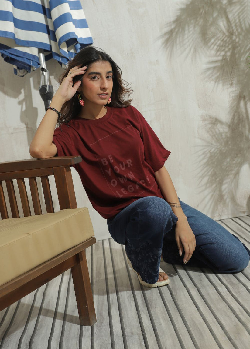 Women's Graphic Drop Shoulder Tshirt in Maroon