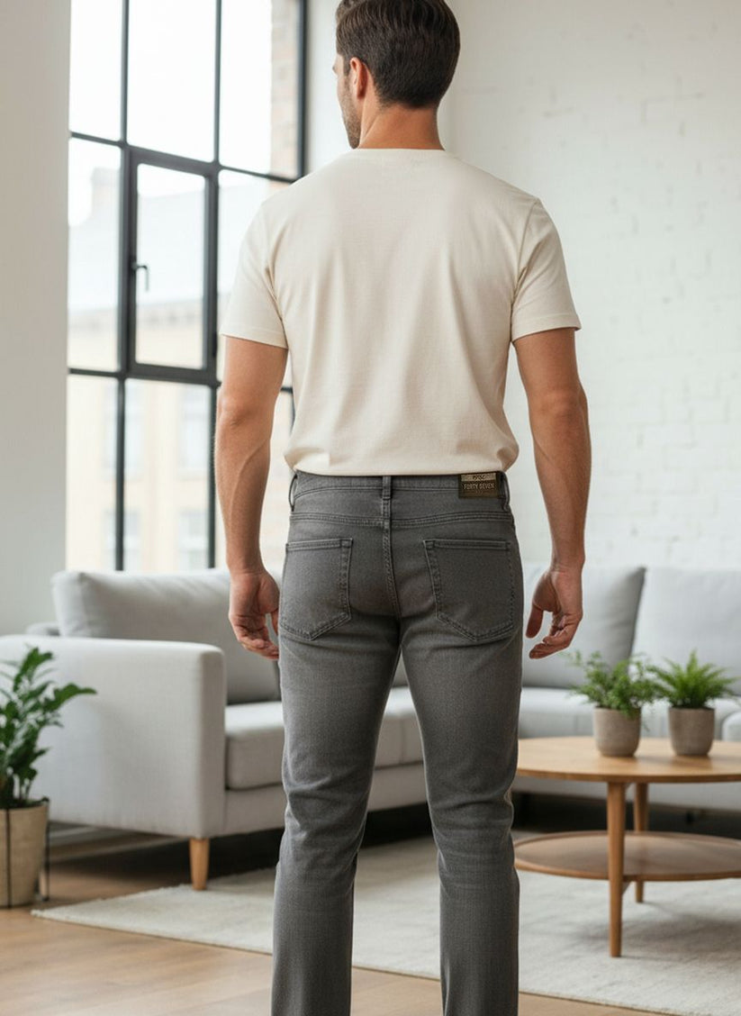 Men’s slim straight grey jeans with stretch fabric finish
